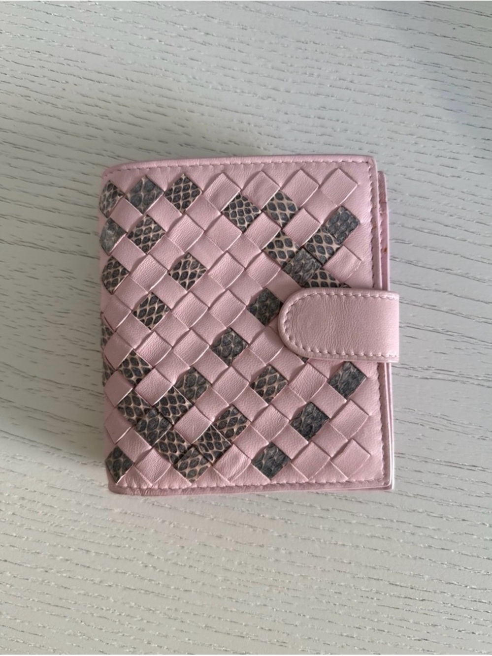 Authentic Bottega Veneta Pink & Snakeskin Intrecciato French Wallet